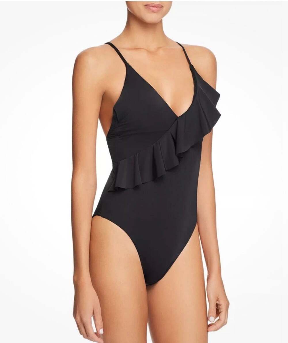 Trina Turk Black Ruffle Hi Leg Cheeky One Piece V-neck Swimsuit Size 4